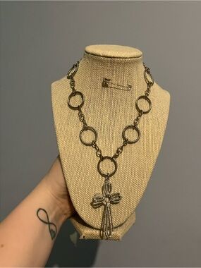 #21. Handmade Up Cycled Silver Toned Circle Link Necklace with Cross Pendant